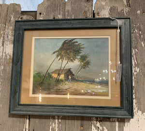 Vintage Signed Framed Painting- Village & Beach- Brazil- Signed RioSpinto- 13.5" x 16.5"