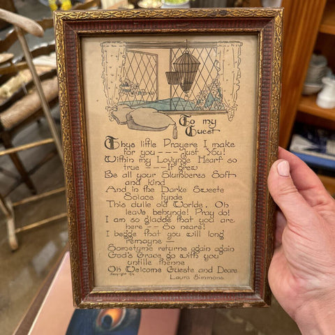 "TO MY GUEST" ANTIQUE FRAMED POEM 7" X 10" . Swoon V.M.