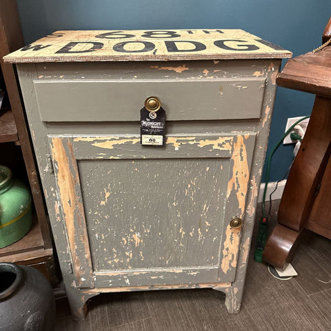 Chippy Gray Painted Cabinet Side Table w/ Vintage Sign Top 21"w x 16"d x 30"h IN STORE PICKUP ONLY