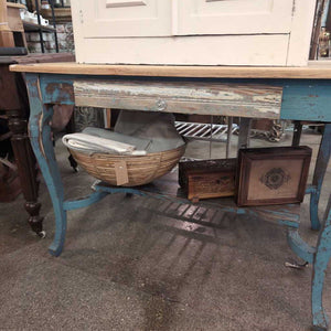 Vintage Oak Farmhouse/Library Table. Chippy Nlie w/Natural Top. Faux Drawer 42x28x28 H. IN STORE PICK-UP ONLY
