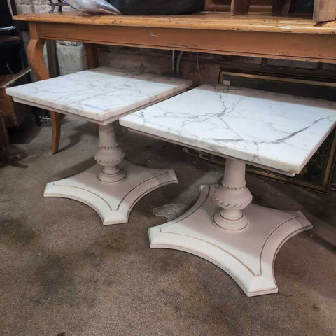Lovely Pair of Neo Classical Vintage MCM End Tables w/ Carrera Marble Tops 20x20x188 IN STORE PICKUP ONLY
