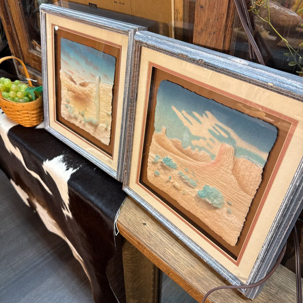 Signed Southwestern Landscape Scene in Shadow Box Wood Framed Art