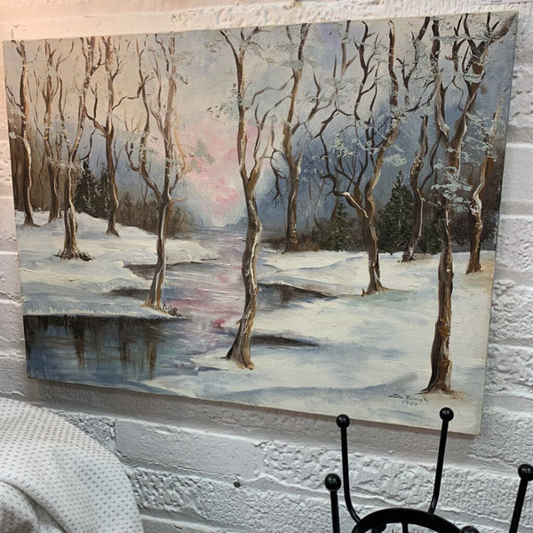 Vintage signed Winter tree landscape