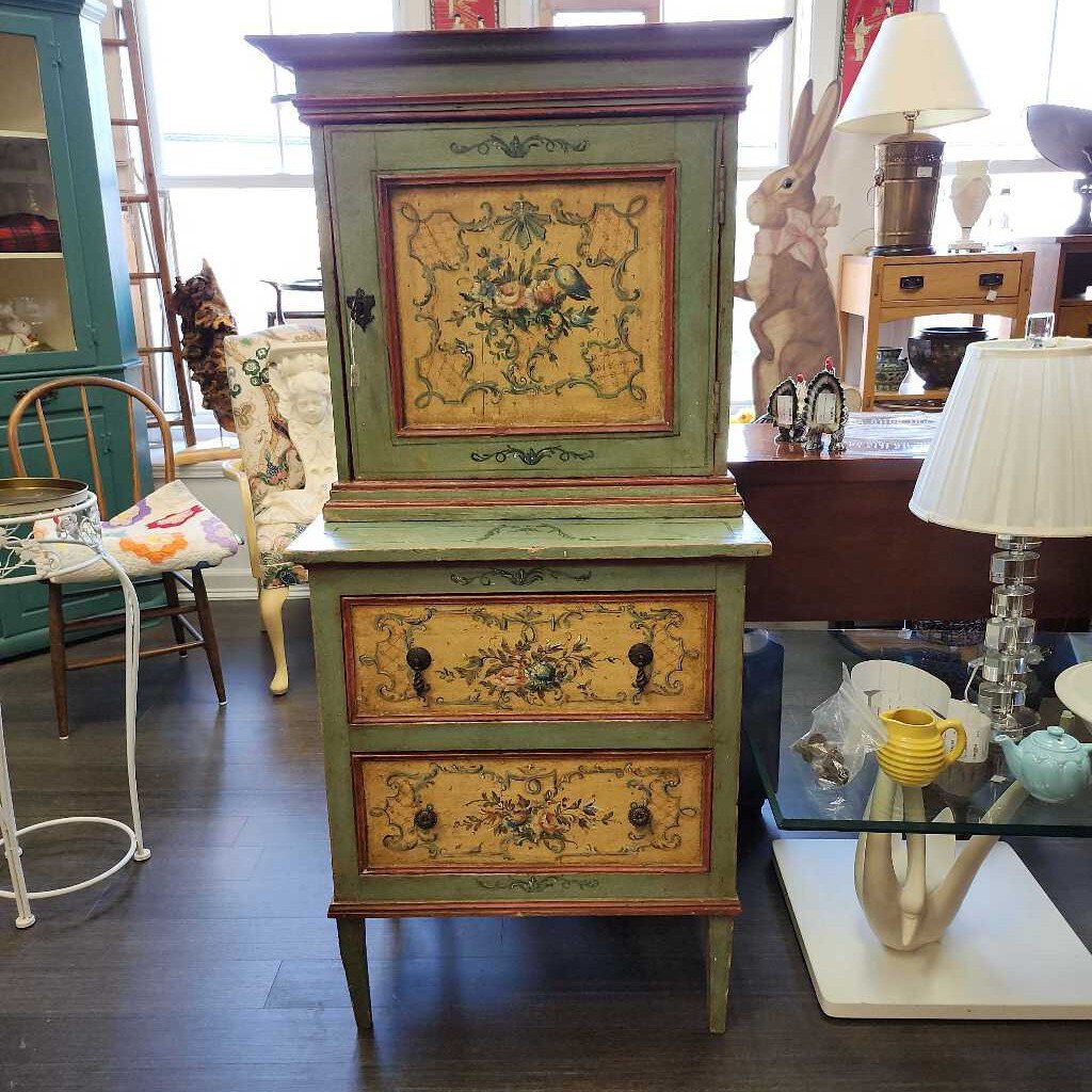Antique French hand painted 2 piece cabinet 27" x 60" x 17.5" In store pick up only