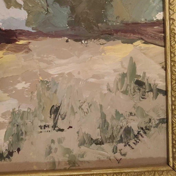 Vintage oil painting trees landscape in white frame