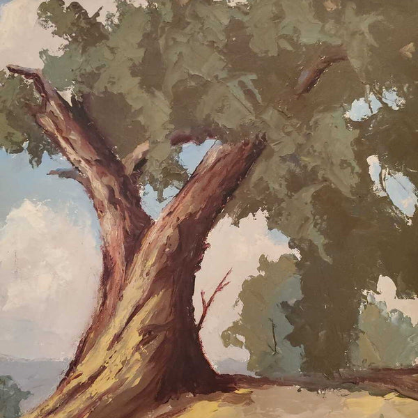 Vintage oil painting trees landscape in white frame