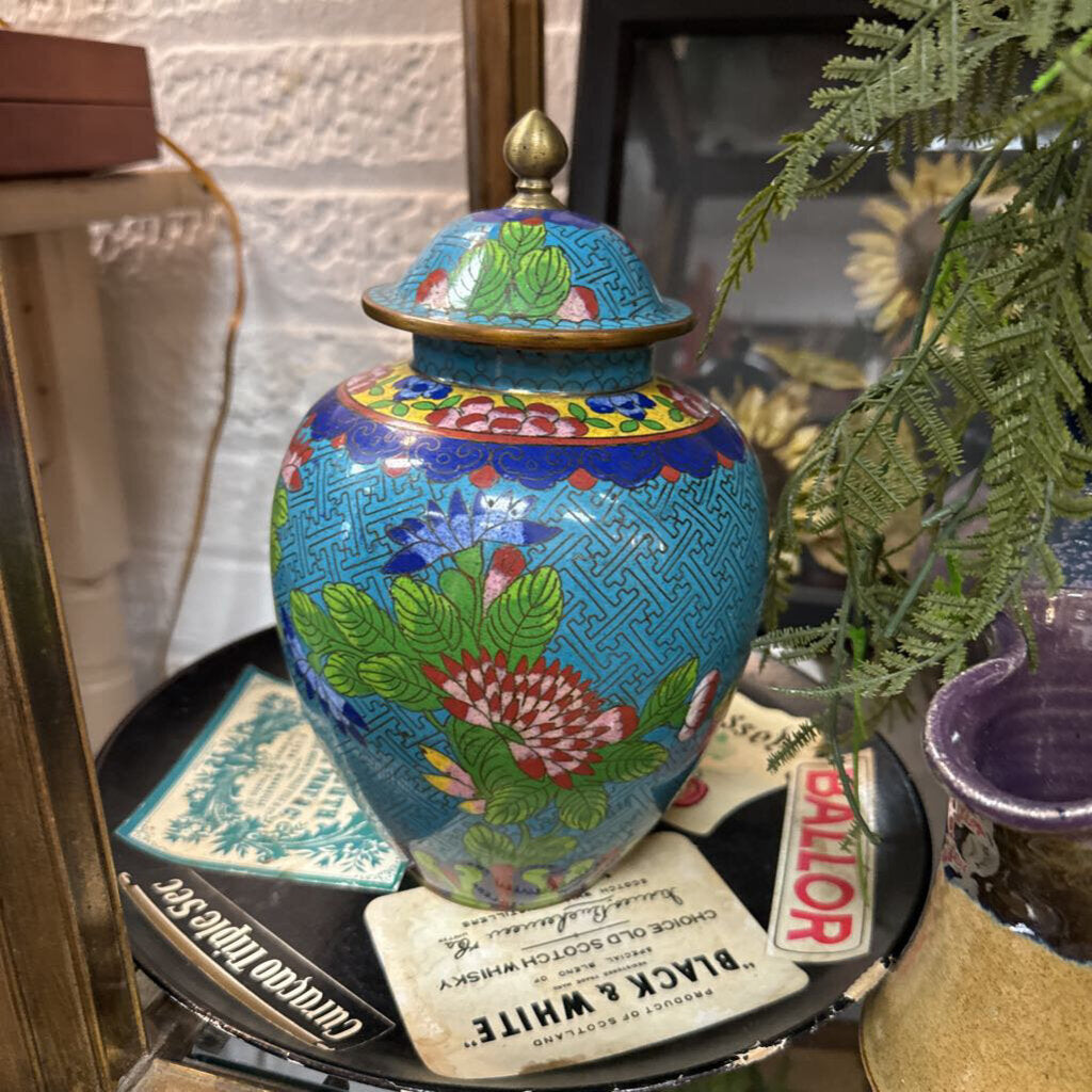 Vintage Asian Cloisonne Floral Urn with Lid