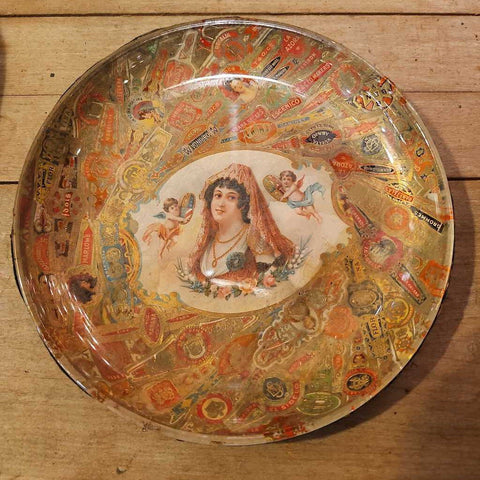 Victorian American Folk Tramp Art Decoupage Cigar band Bowl w/Girl Paris Cigar