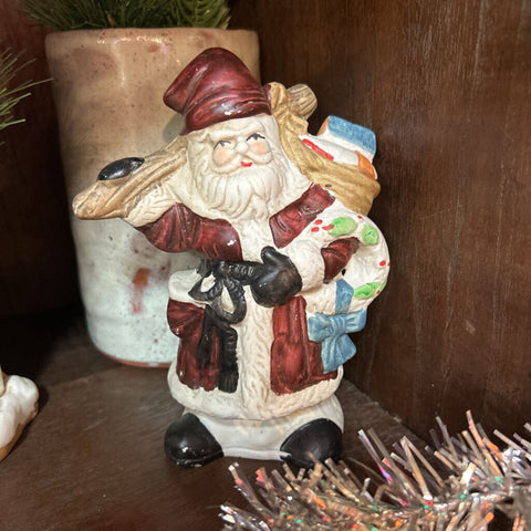 Vintage Bisque Ceramic Hand Painted Santa in Burgundy w/ Wreath Figure