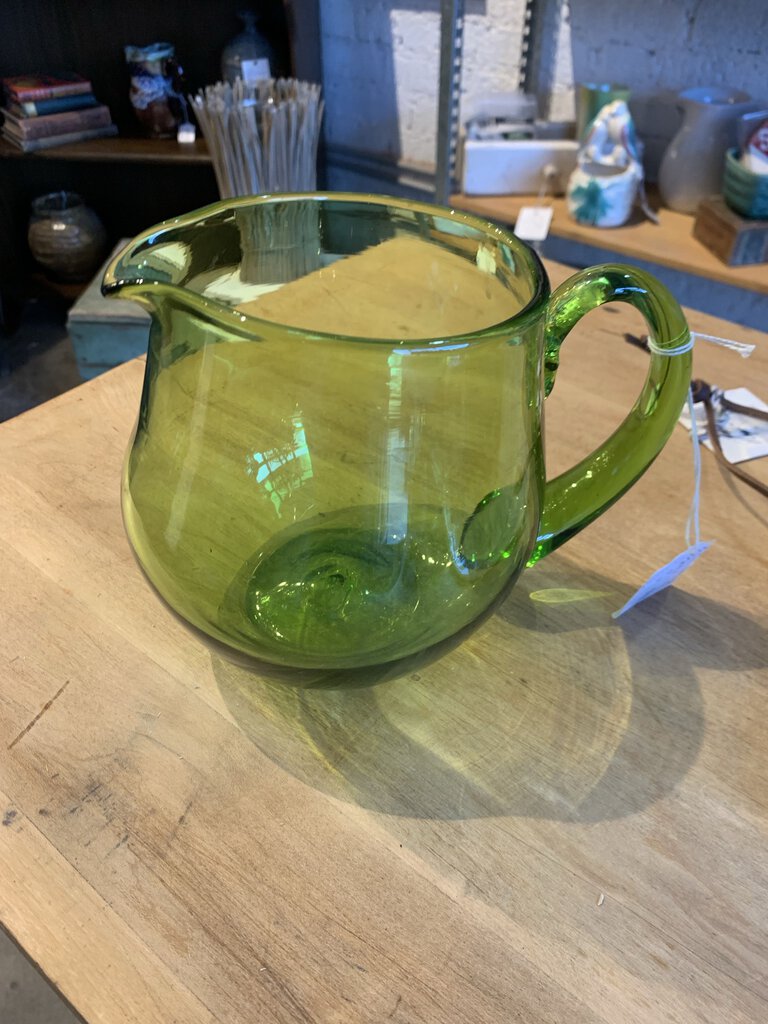 Vtg Blenko Fat Green Pitcher- 5.75" t x 5" w x 7" l to handle