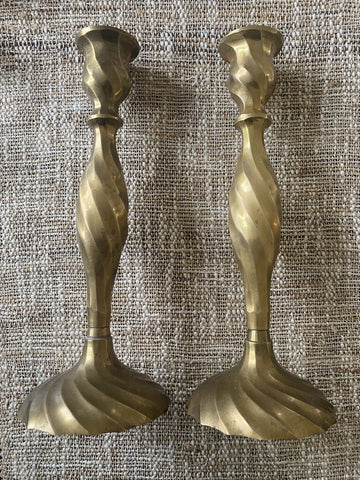 Pair of Vintage Brass Large Twisted Candlesticks 12H