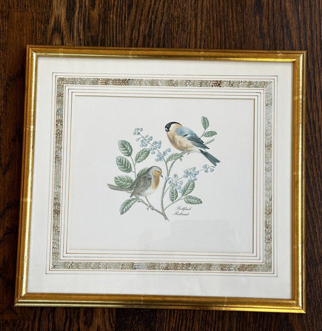 Vintage Gold Framed Bullfinch Redbreast Bird Picture 16W x 14.5T