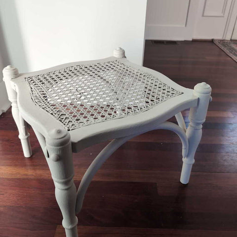 Sweet French Wooden and Cane Stool Painted White in good vintage condition 19x19x14. IN STORE PICKUP ONLY
