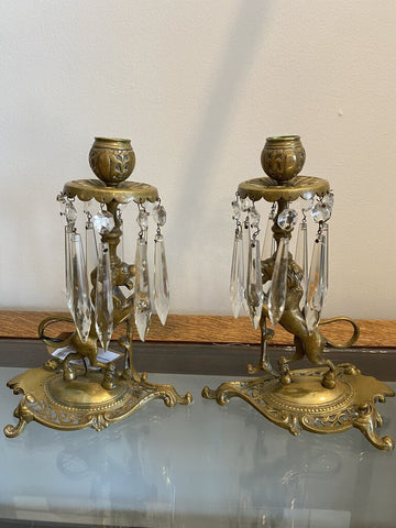 Antique Brass Lion Candleholders w/ Crystals 9.5" x 6"