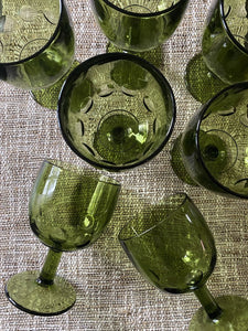 Set of 7 Vintage Bartlett Collins Green Glass Thumbprint Goblets 6.25H