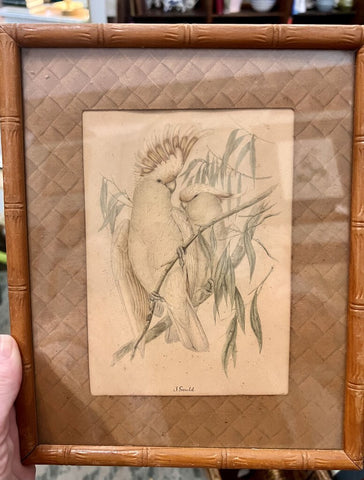 Vintage bird print in faux bamboo frame 9x11, as found, white birds