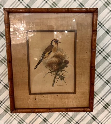 Vintage bird print in faux bamboo frame 9.5x12, as found, bird on thistle