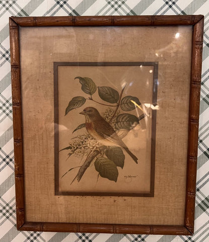 Vintage bird print in faux bamboo frame 9.5x12, as found, bird on branch w/white flowers left facing