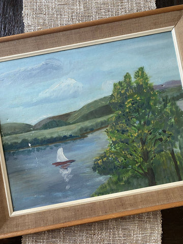 Vintage Framed Sailboat Painting 23.5 x 19.75 (as found)