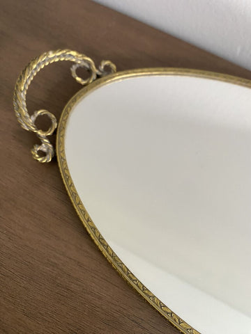 Vintage Brass Oval Mirrored Tray w/ Ornate Handles 13" W