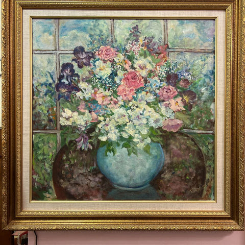 Floral oil flowers in vase, framed, signed, 25 1/2 X 25 1/2