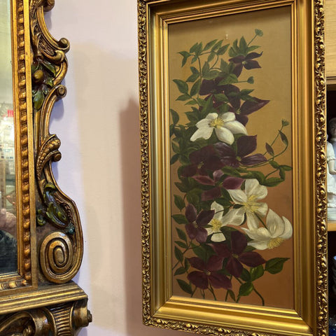 Victorian oil, clematis, framed, signed, 14"X 27", minor damage at top of painting