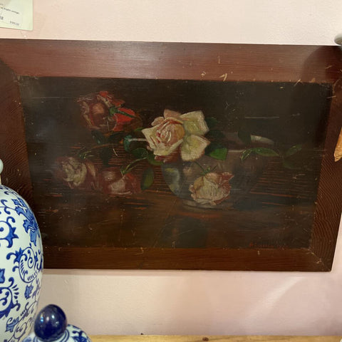 Signed Green, rose oil on board, attributed to British artist, faux painted frame. 14 1/2" x 22"