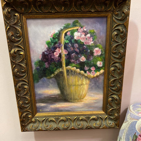 Framed oil, impressionistic style flowers in basket, signed Lawson, 12 3/4 x 16 14"