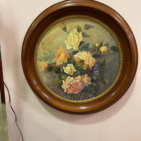 Framed rose oil, round, 17" diameter, signed