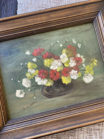 Vintage Framed Painting of Zinnia Flowers Signed 17 x 21