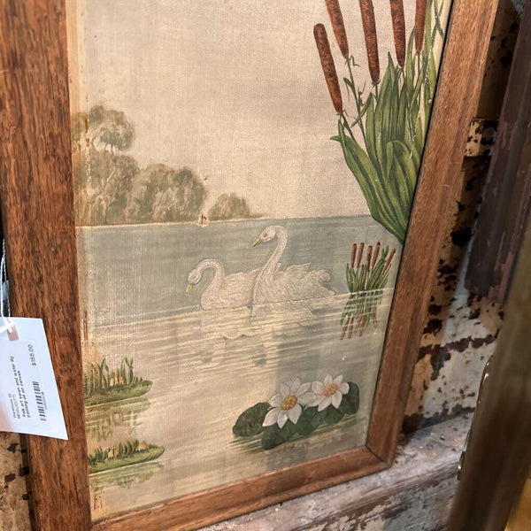Folk art swan and water lily painting oil on canvas