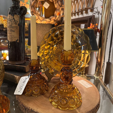 PAIR VINTAGE AMBER GLASS CANDLEHOLDERS