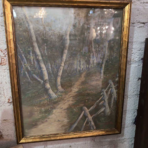 Pretty Vintage Original Chalk Painting - Birch Trees