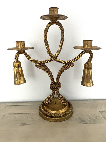 Vintage Hollywood Regency Tole Rope and Tassels Candelabra 10" x 13"