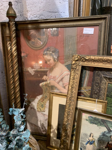 Vintage Lady Sewing Framed Print- 26.5"" w x 33.5" l