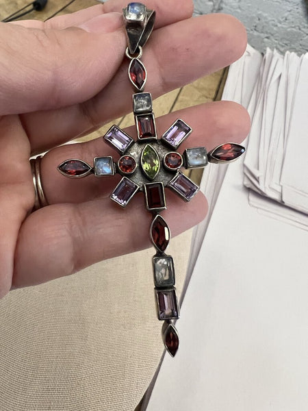 Vintage Sterling Amethyst Garnet Labradorite Peridot Cross
