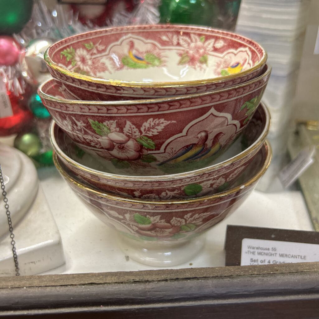 Set of 4 Graduated Portieux Vallerysthal French Cafe Au Lait Pedestal Transferware Bowl w/ Quail Floral Design