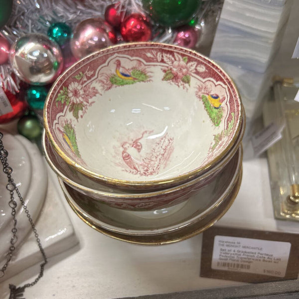Set of 4 Graduated Portieux Vallerysthal French Cafe Au Lait Pedestal Transferware Bowl w/ Quail Floral Design
