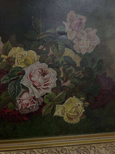 Antique Rose Oil Painting Signed FFH 33x 22