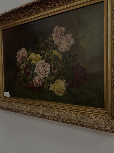 Antique Rose Oil Painting Signed FFH 33x 22