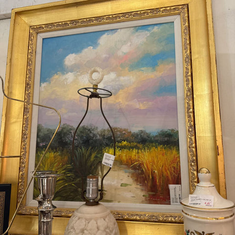 Gold framed signed landscape pond and clouds as is 32 in high x 28 in wide