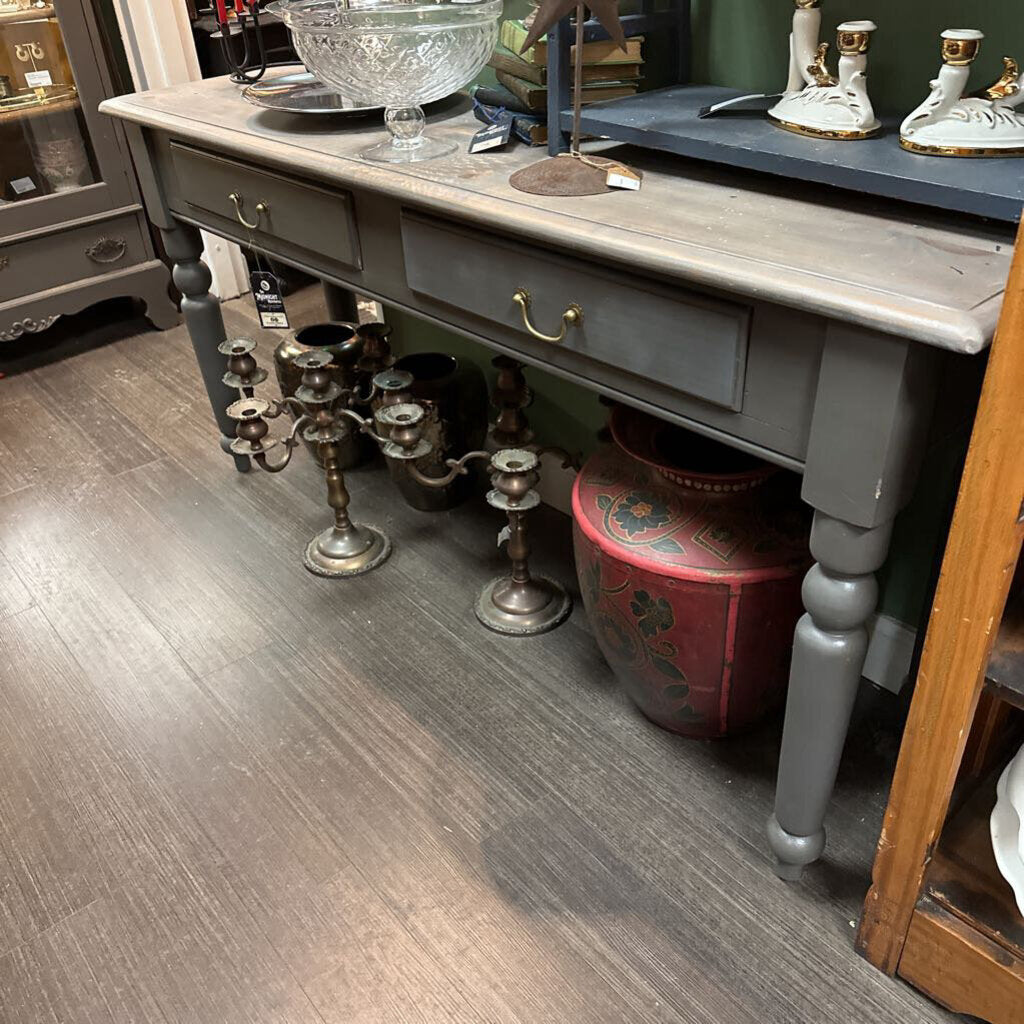 Vintage Painted Pine Console Table, Two Drawers, Matte Grey w/ A Grey Wood Finished Top (as is)