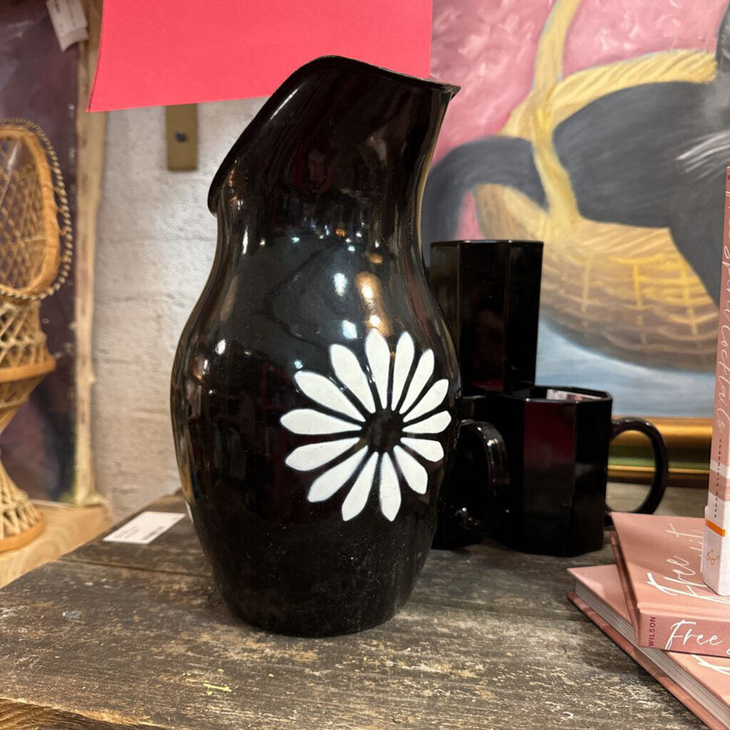 Black and white enamel pitcher with flower (as found) perfect for floral arrangements