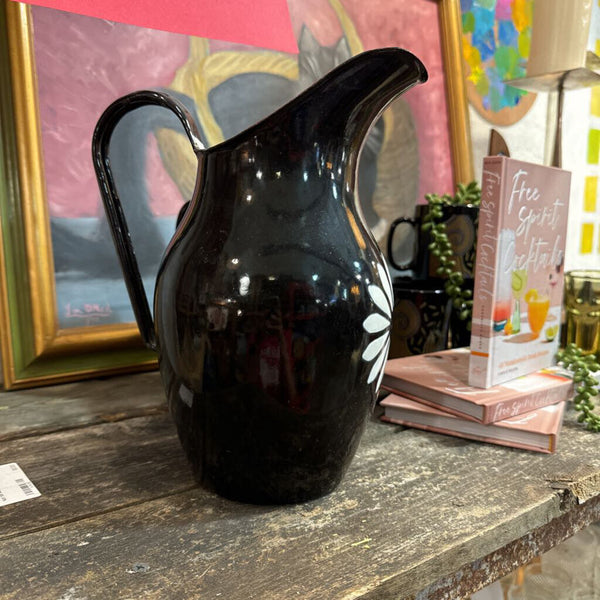 Black and white enamel pitcher with flower (as found) perfect for floral arrangements