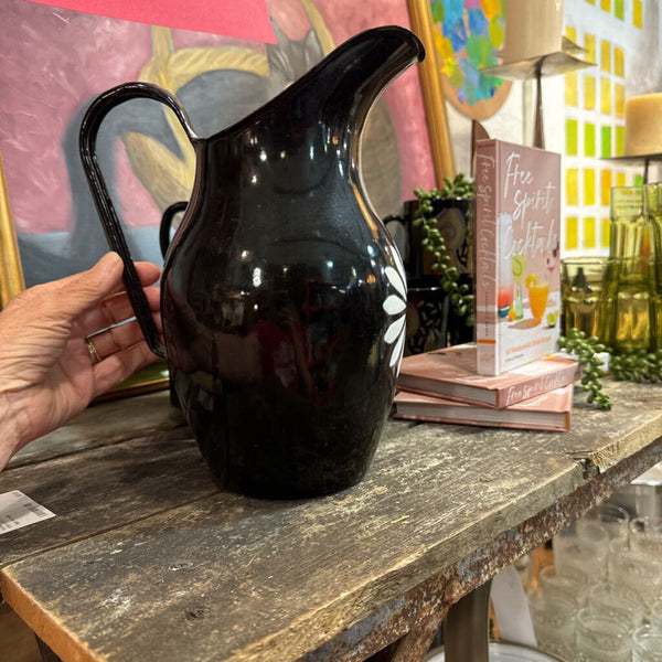 Black and white enamel pitcher with flower (as found) perfect for floral arrangements