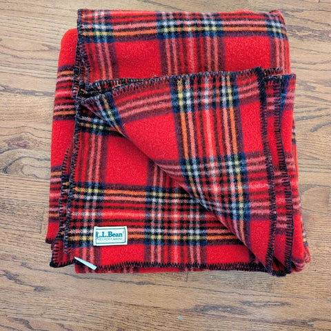 Vintage LL Bean Red Tartan Wool Blanket 72x64