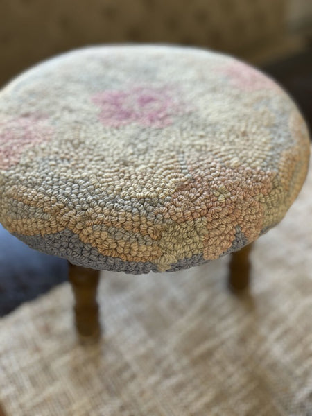 Vintage Hooked Rug Footstool Ottoman