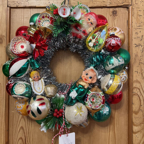 Wreath with vintage ornaments, 15.5" wide