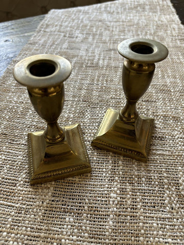 Set 2, England Brass Candle Stick Holders Square Base Beaded Accent Edge