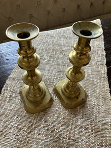 Antique Pair of 19th c. Brass Push Up Candlesticks 9" tall